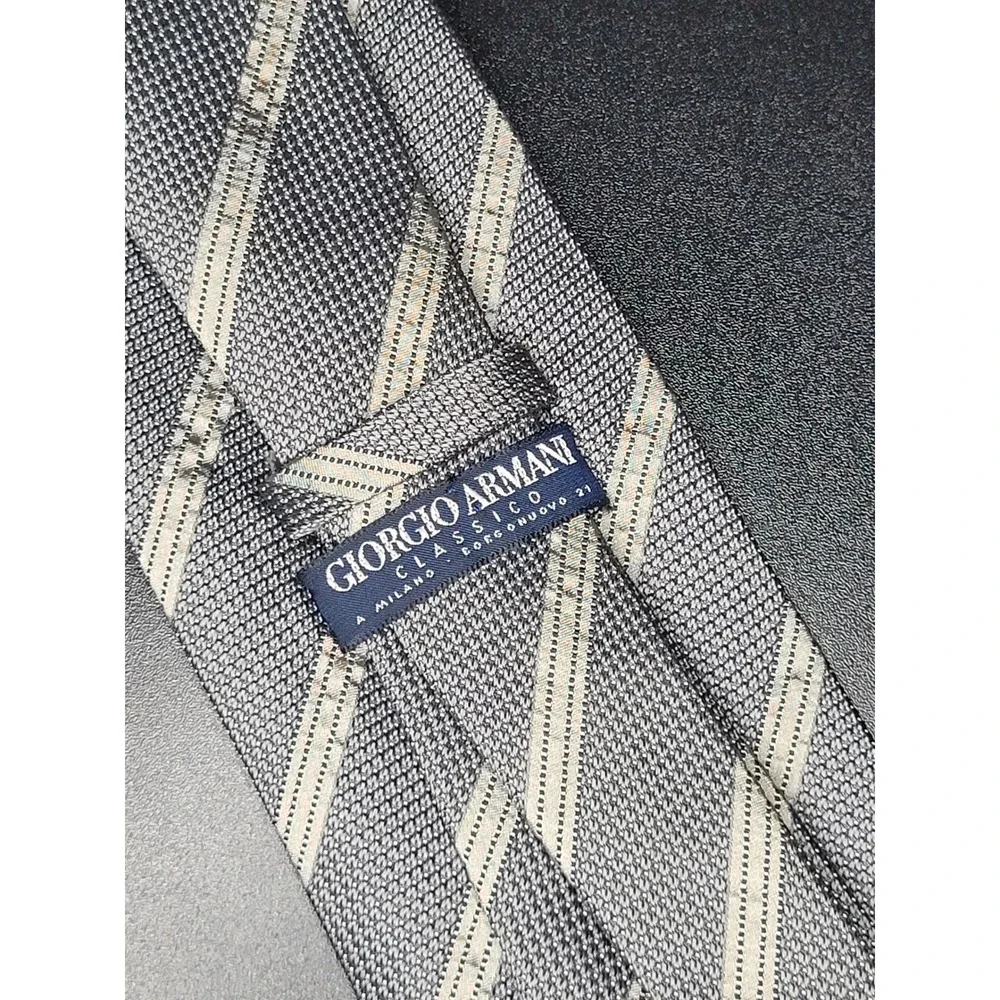 Vintage Giorgio Armani Classico Tie Grey Stripe 100% Silk Handmade Italy
